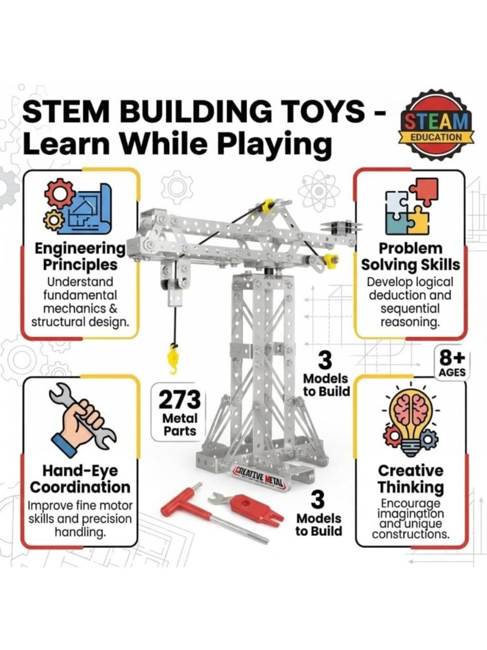 273pcs Metal Building Toy Set - 3-in-1 Tower Crane, Windmill & Erector Kit for - Picture 4 of 9